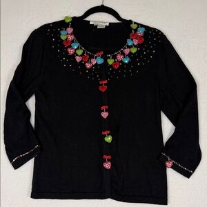Black Top Valentines Day  Hearts Sequin Cardigan Sweater Vintage Y2K Eclectic